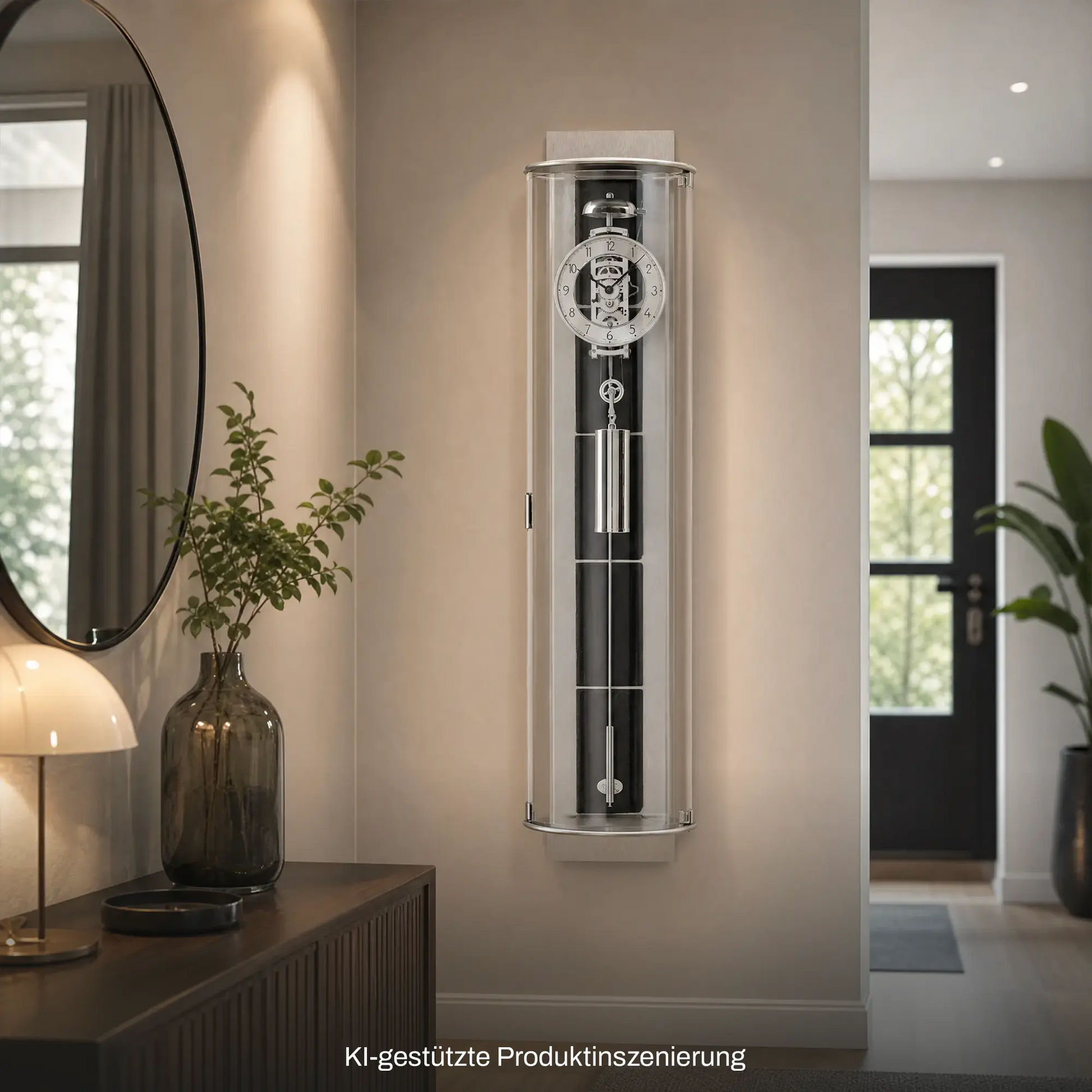 Wanduhr im Glaszylinder, Aluminiumgehäuse, schieferfarbene Streifen, mechanisches Seilzugwerk.