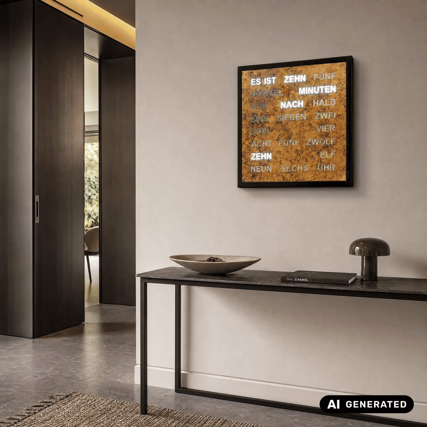 AMS T1273 Wall Clock Gold-Brown • Word Clock with LED Display • 220V Mains Powered