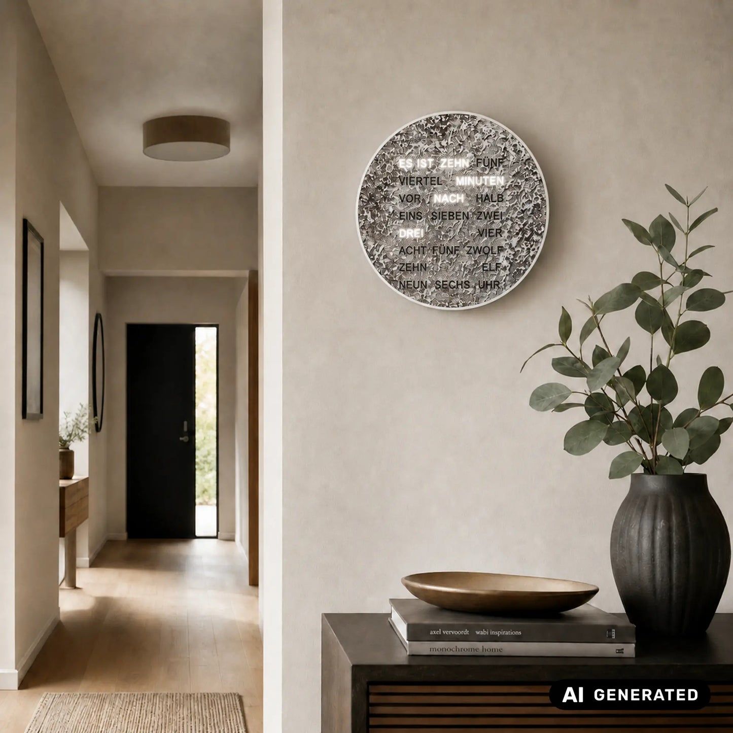 Runde LED-Wortuhr in Metallic mit Wortanzeige, an einer Wandfläche montiert