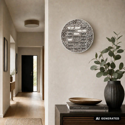 Runde LED-Wortuhr in Metallic mit Wortanzeige, an einer Wandfläche montiert