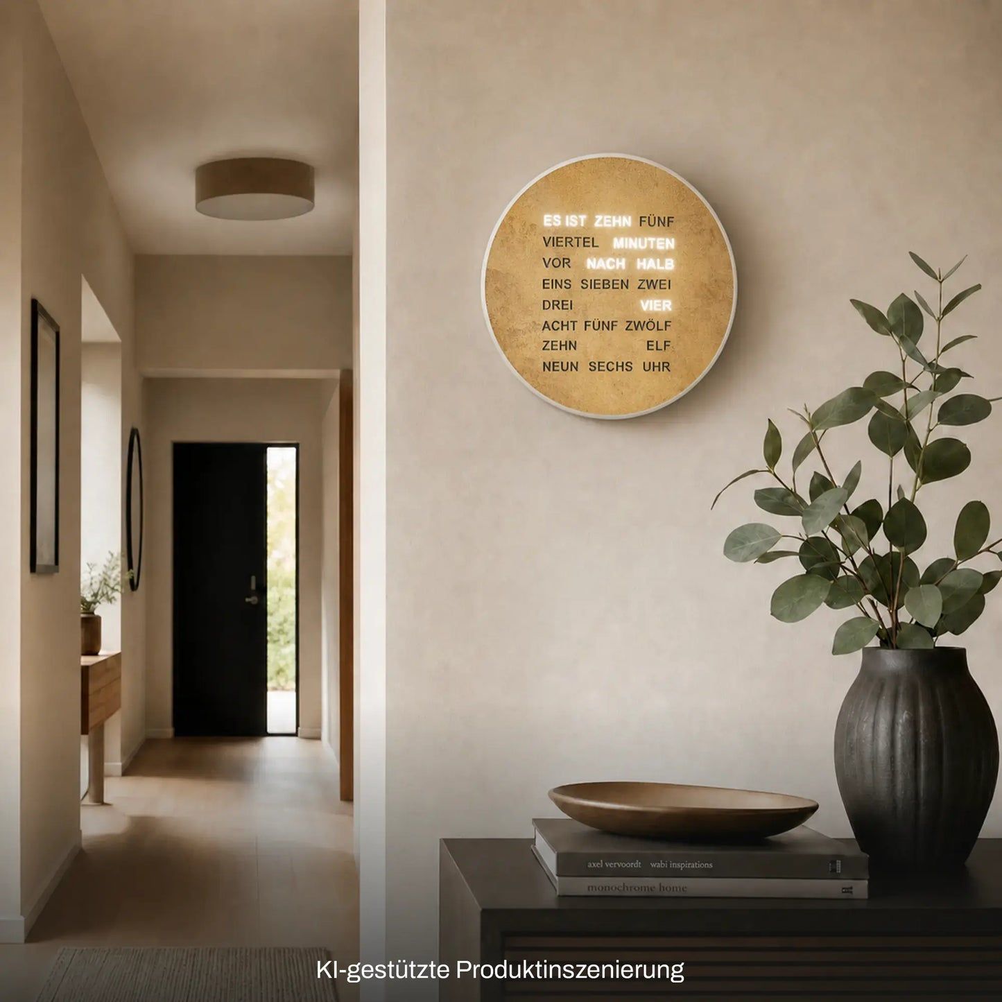 Runde Wanduhr mit Wortzeitanzeige in Altmessing-Optik, an der Wand montiert