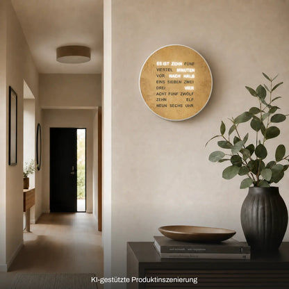 Runde Wanduhr mit Wortzeitanzeige in Altmessing-Optik, an der Wand montiert