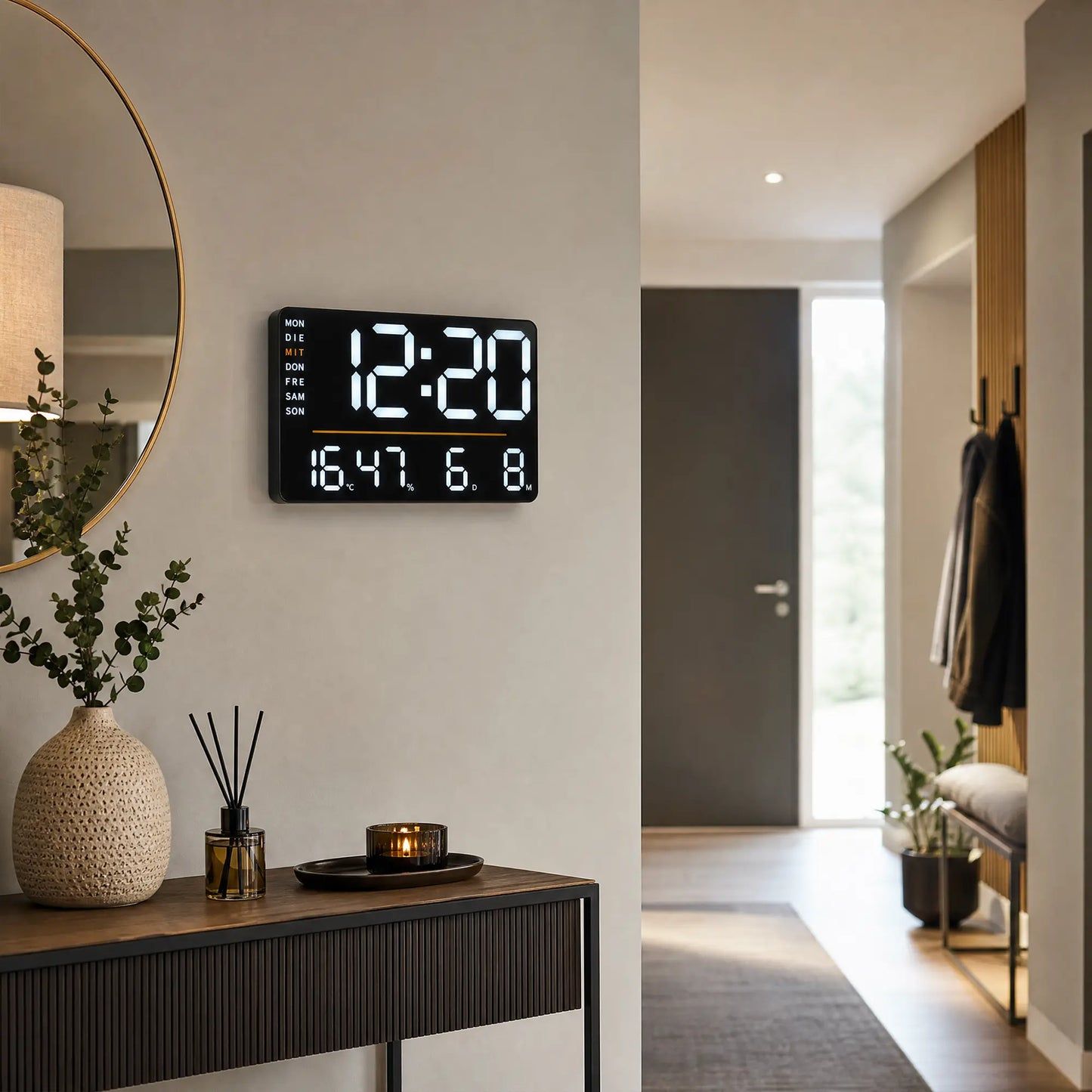 Digital wall clock with LED display, black, shows time and temperature/humidity values.