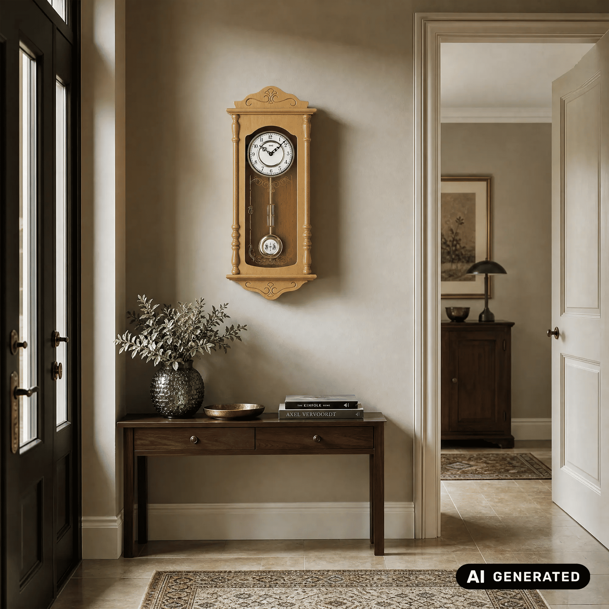 Wanduhr aus hellem Holz mit rundem Zifferblatt, Pendelwerk und dekorativem Rahmen