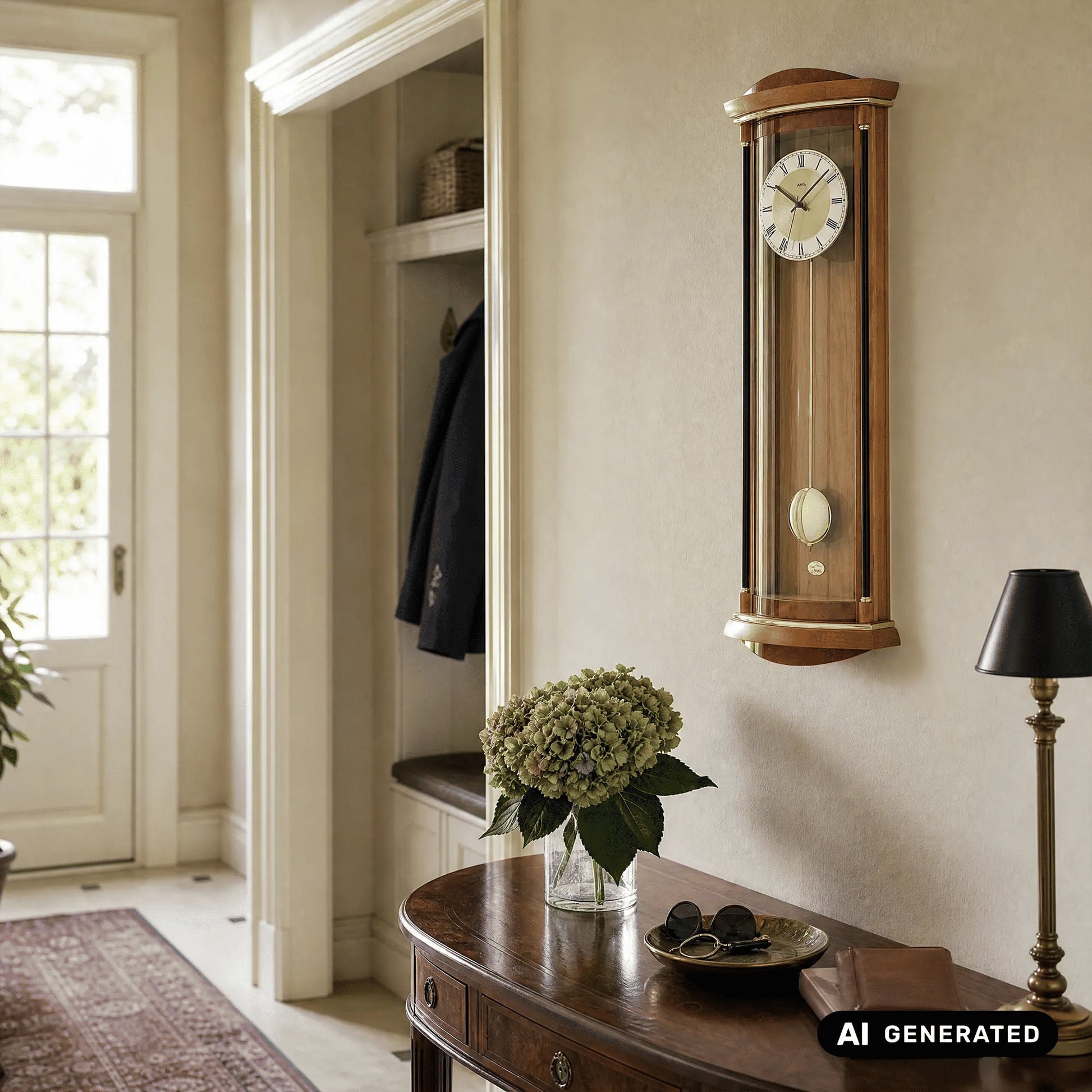 Wanduhr mit Holzfront und Glasfenster, rundes Zifferblatt mit römischen Zahlen
