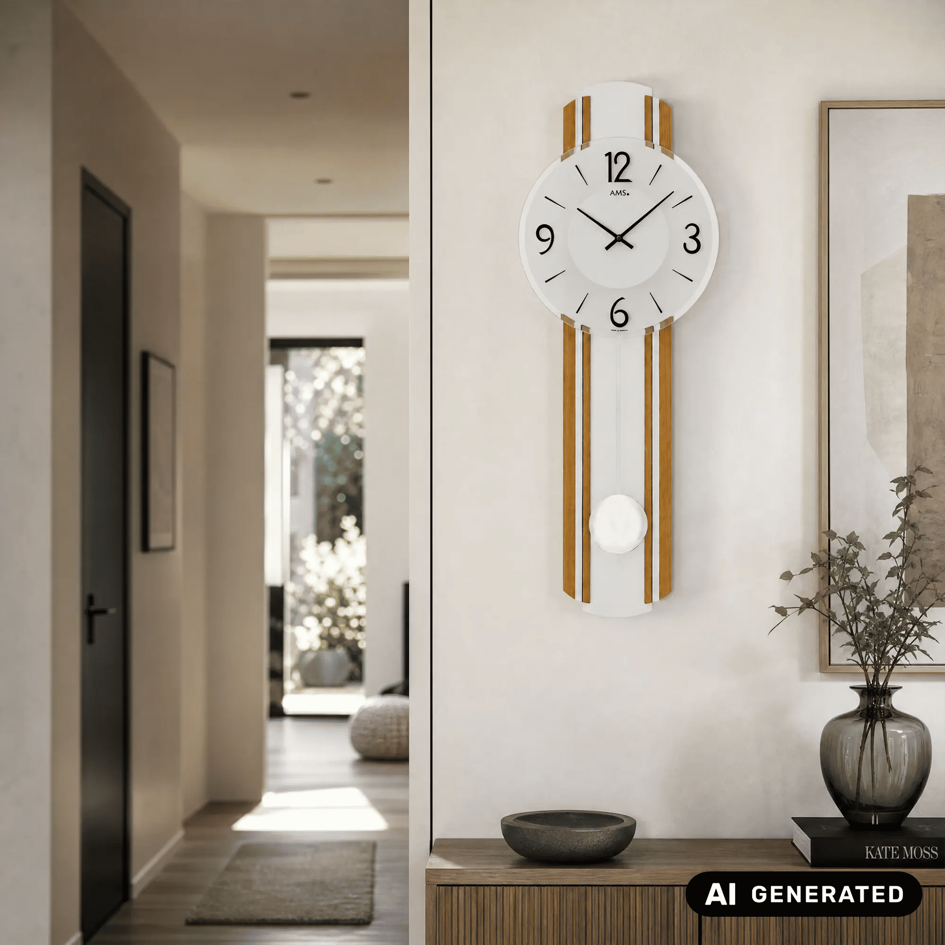 Wanduhr mit schlanken Eichenholzstreifen, weißem Zifferblatt und Kugelpendel