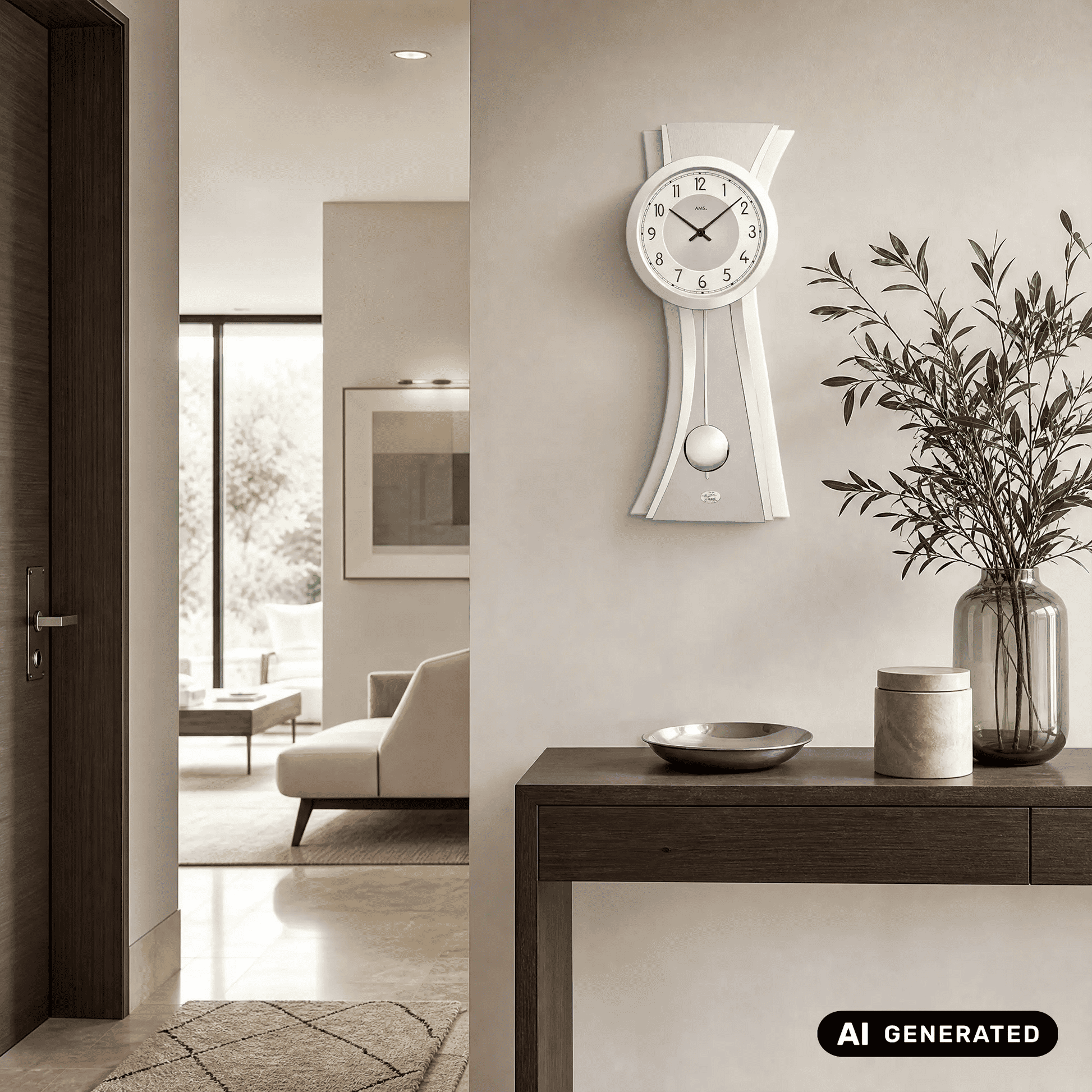 Wanduhr an der Wand mit rundem Zifferblatt, geschwungenem Aluminiumrahmen und Knopf