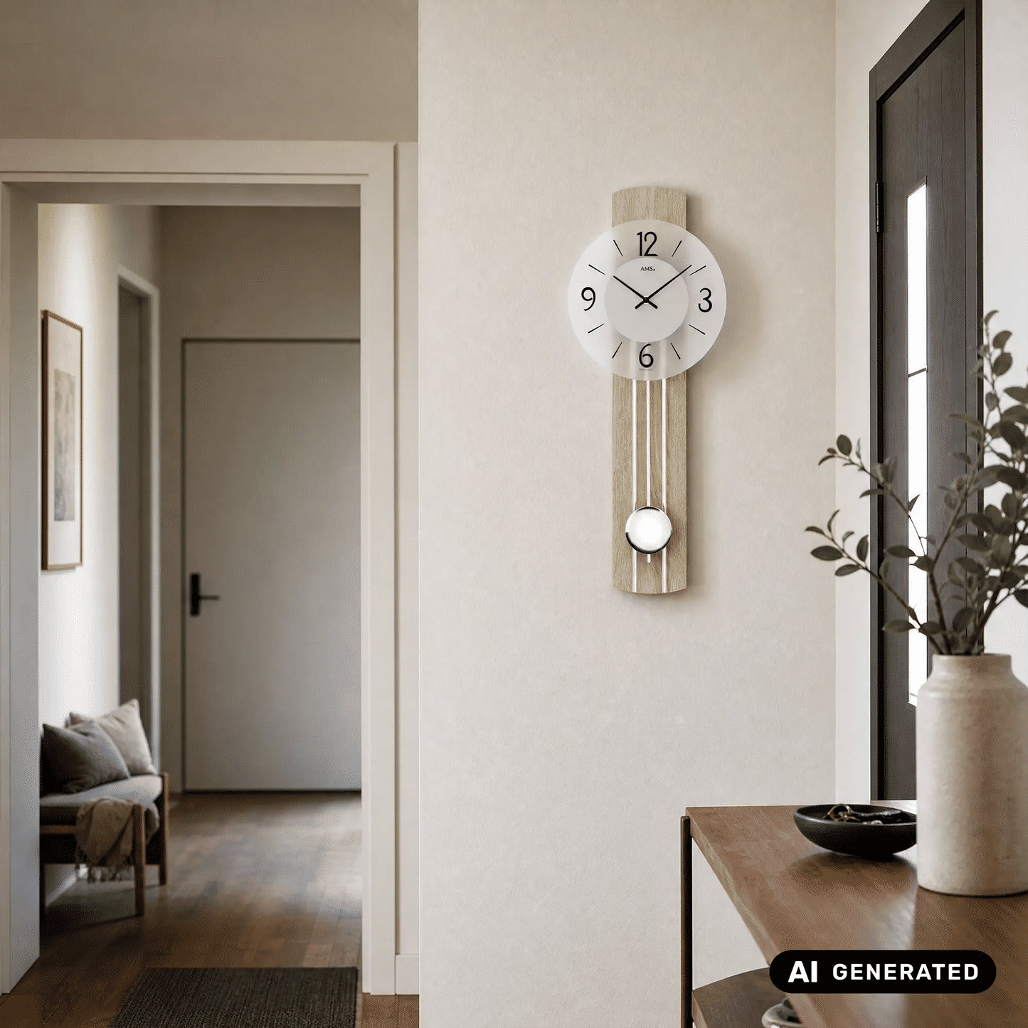 Zegar ścienny AMS W7274 dąb Sonoma • mechanizm kwarcowy z wahadłem • szkło mineralne