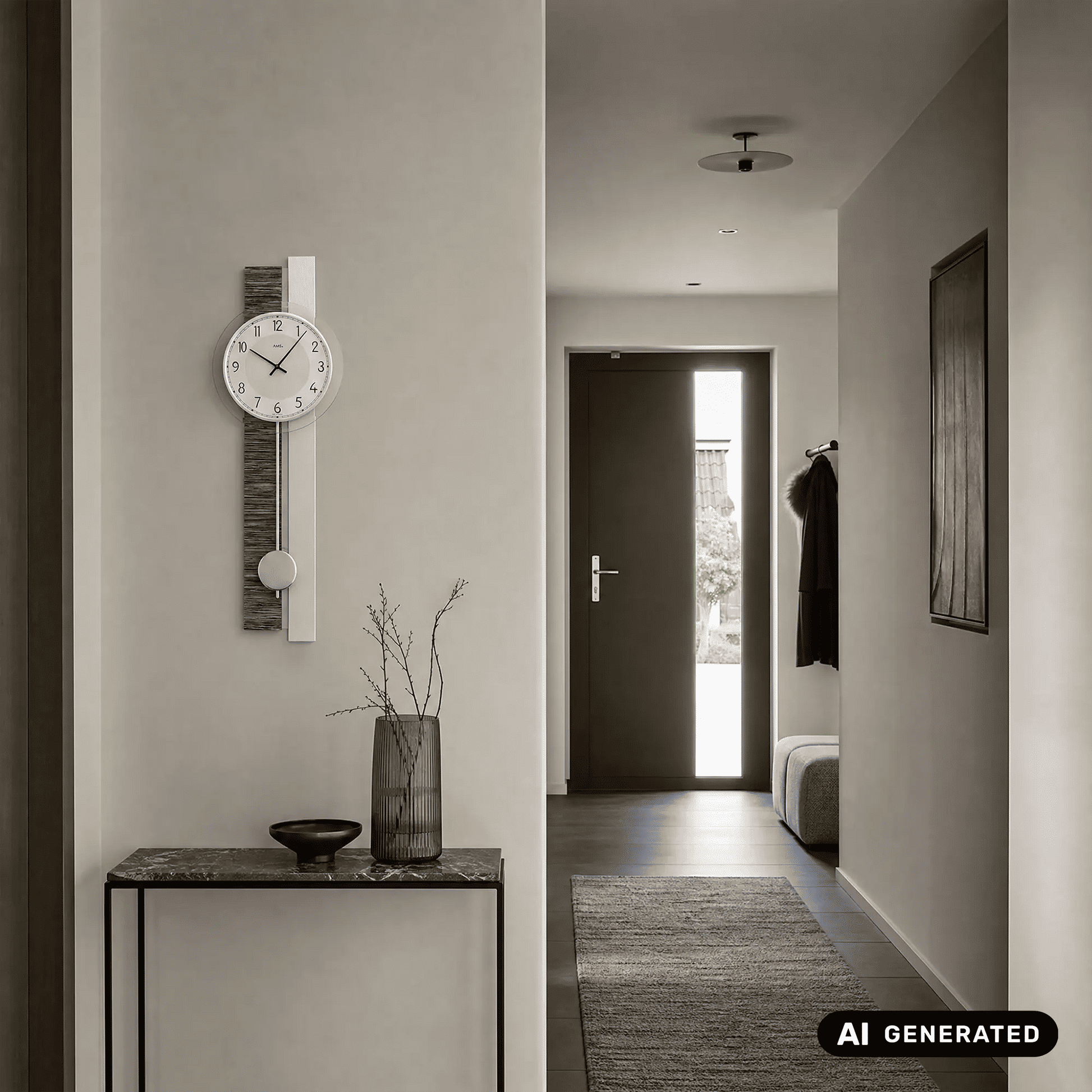 Pendelwanduhr an der Wand mit rundem Zifferblatt, anthrazit Rückwand, silbernes Gehäuse