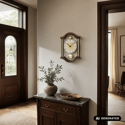 Wanduhr mit Nussbaumfarbenem Holzgehäuse, rundem Ziffernblatt und Pendel