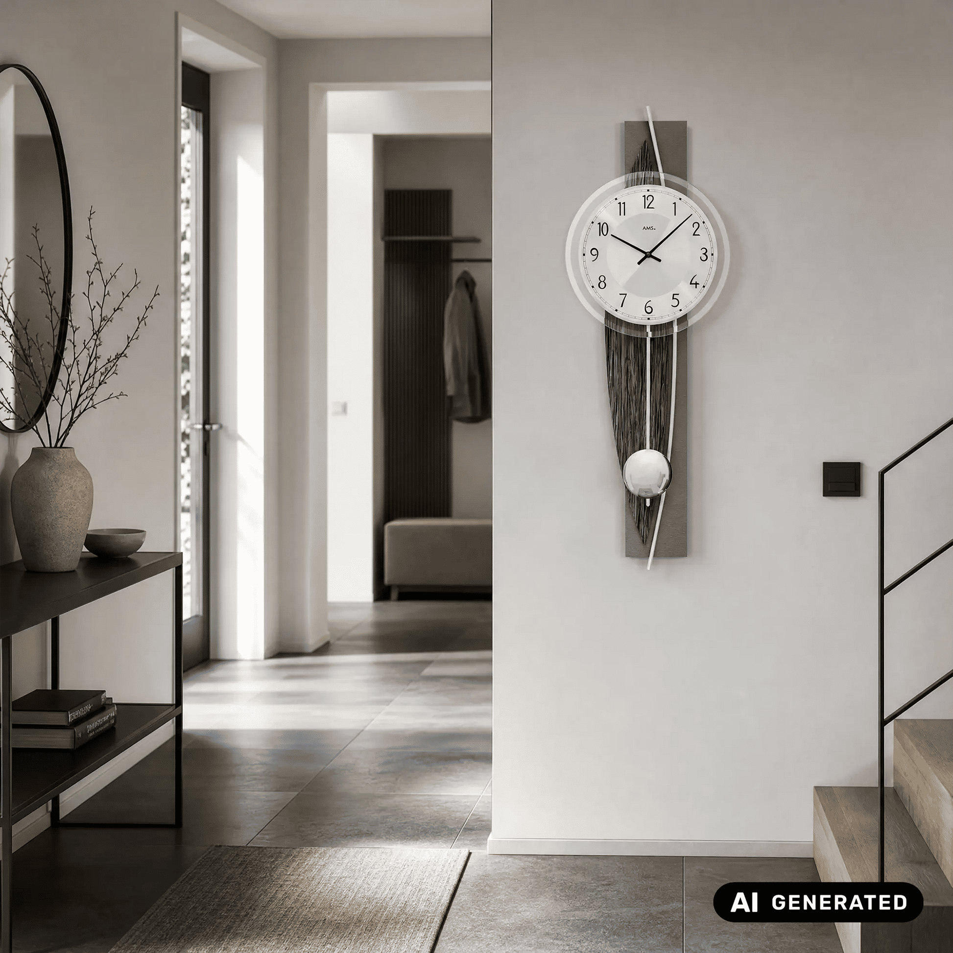 Wanduhr an der Wand mit rundem Zifferblatt, Holzdekorfläche und Pendel mit Kugel