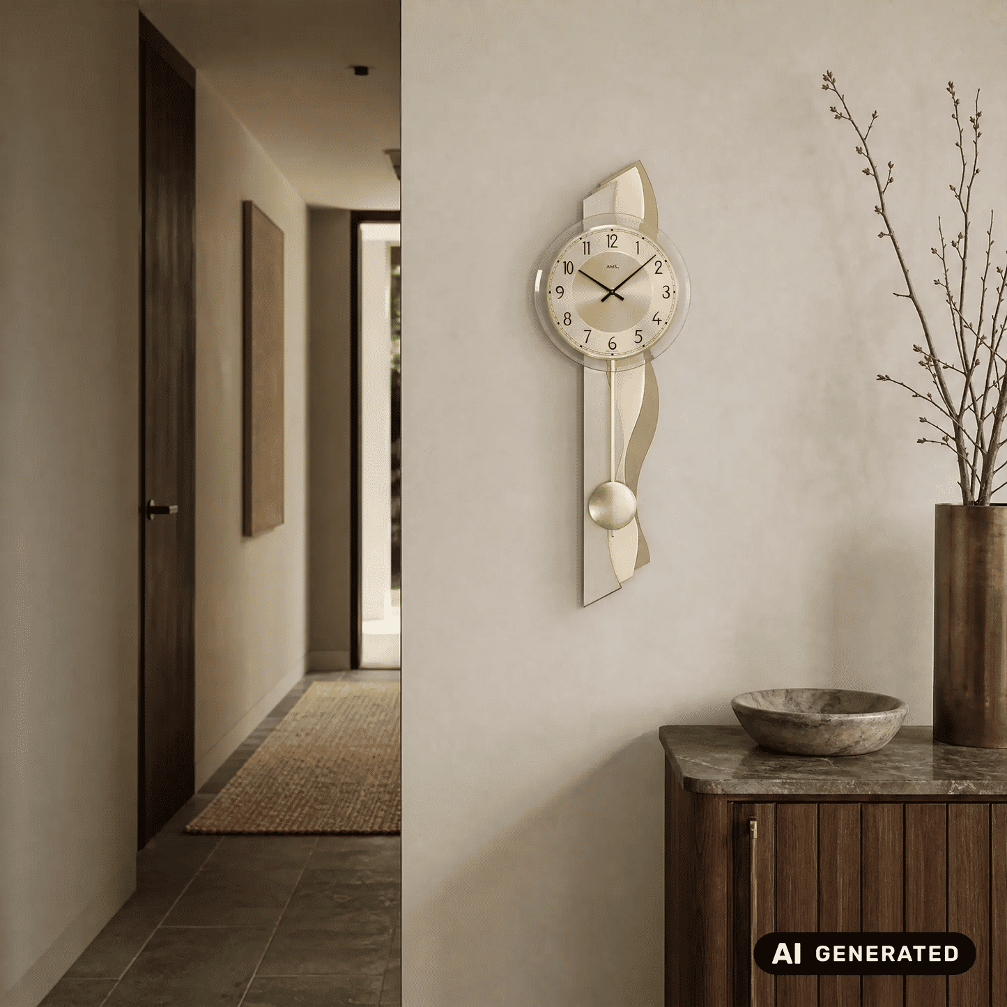 Wanduhr an der Wand mit goldfarbenem Schalenrahmen, rundem Zifferblatt und Pendel
