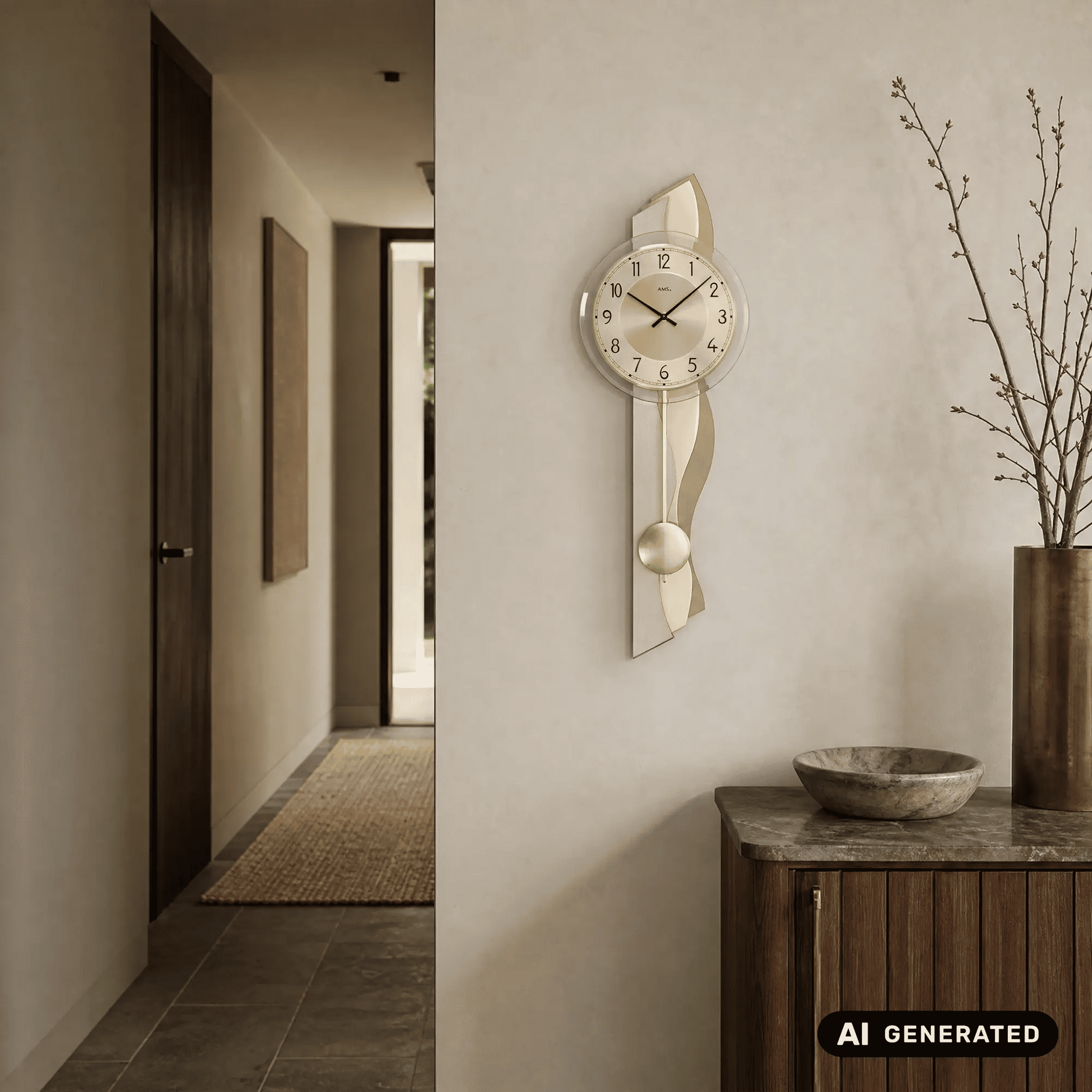 Wanduhr an der Wand mit goldfarbenem Schalenrahmen, rundem Zifferblatt und Pendel