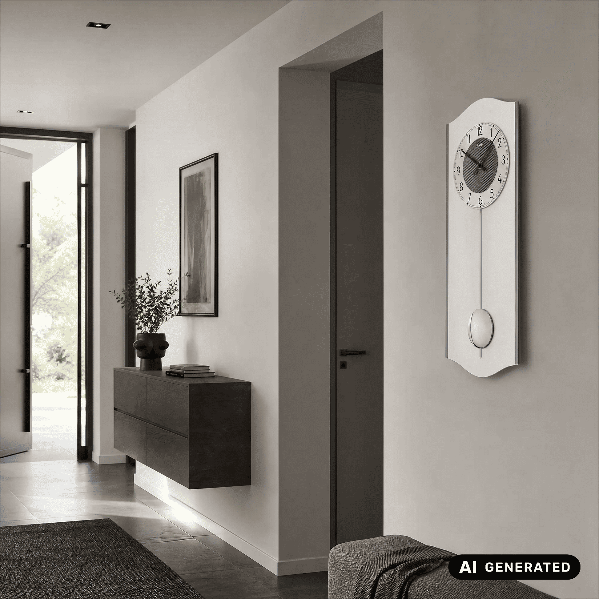 Wandpendeluhr mit schwarzem Ziffernblatt, Glasrahmen und rundem Pendelgewicht
