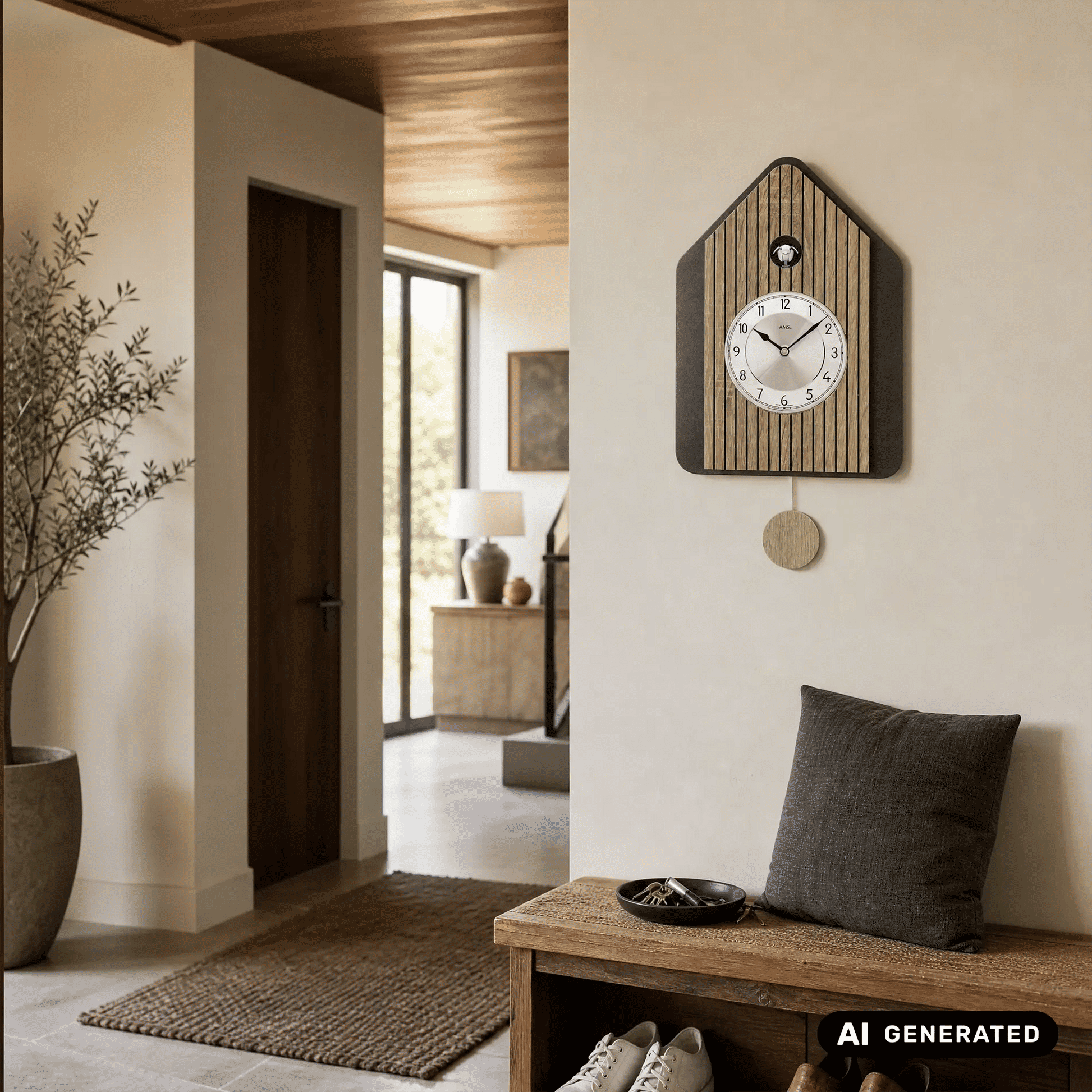 Wanduhr im Hausdesign in Sonoma mit Pendel, rundem Ziffernblatt und Knopf oben