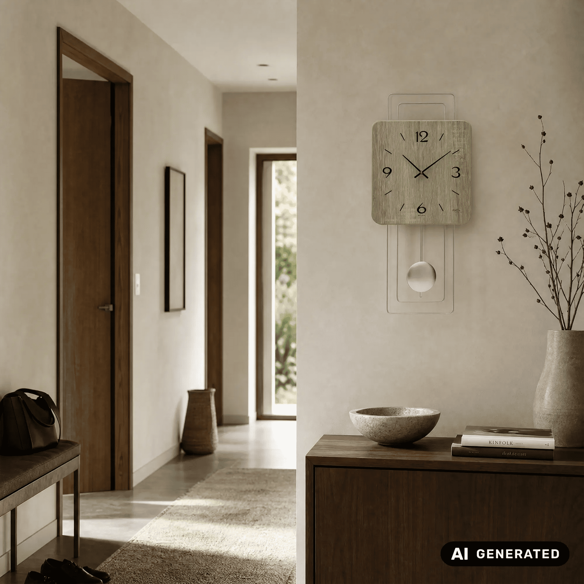 Wanduhr mit Holz-Zifferblatt, Metallrahmen und silbernem Pendel an der Wand