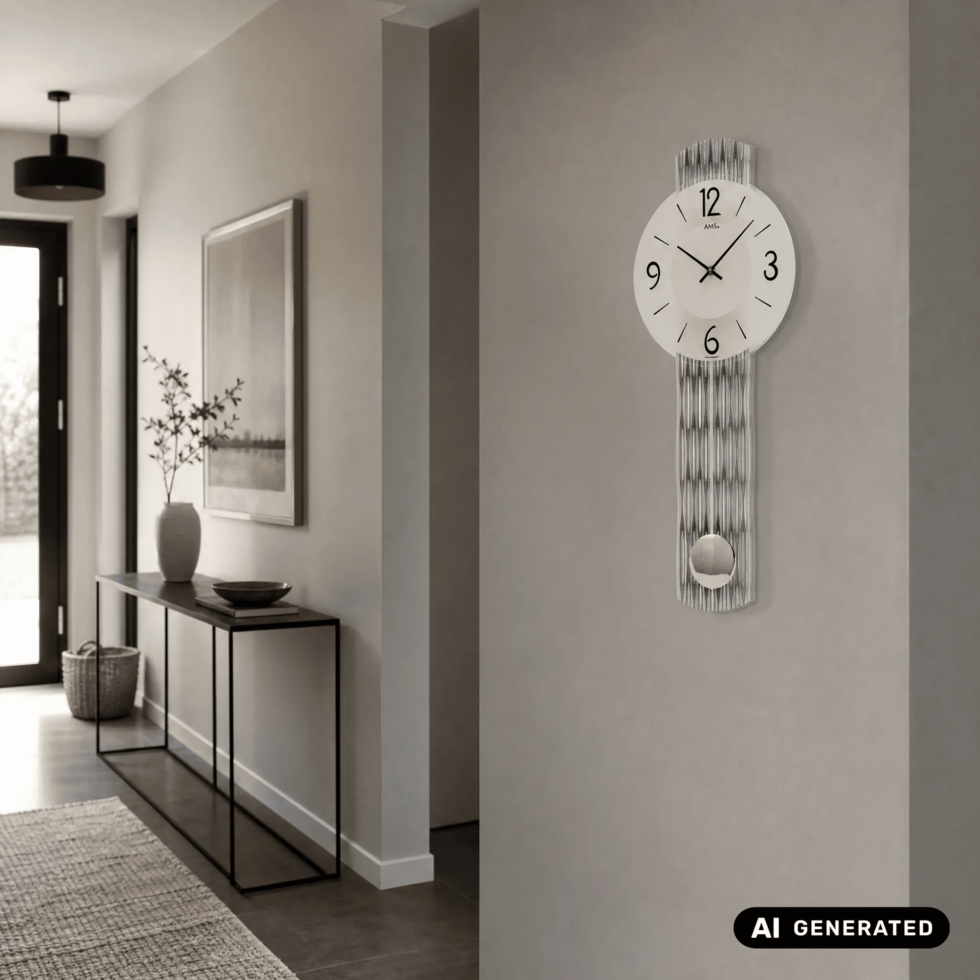 Wanduhr mit rundem weißem Zifferblatt und Pendel aus langen Metallstreifen