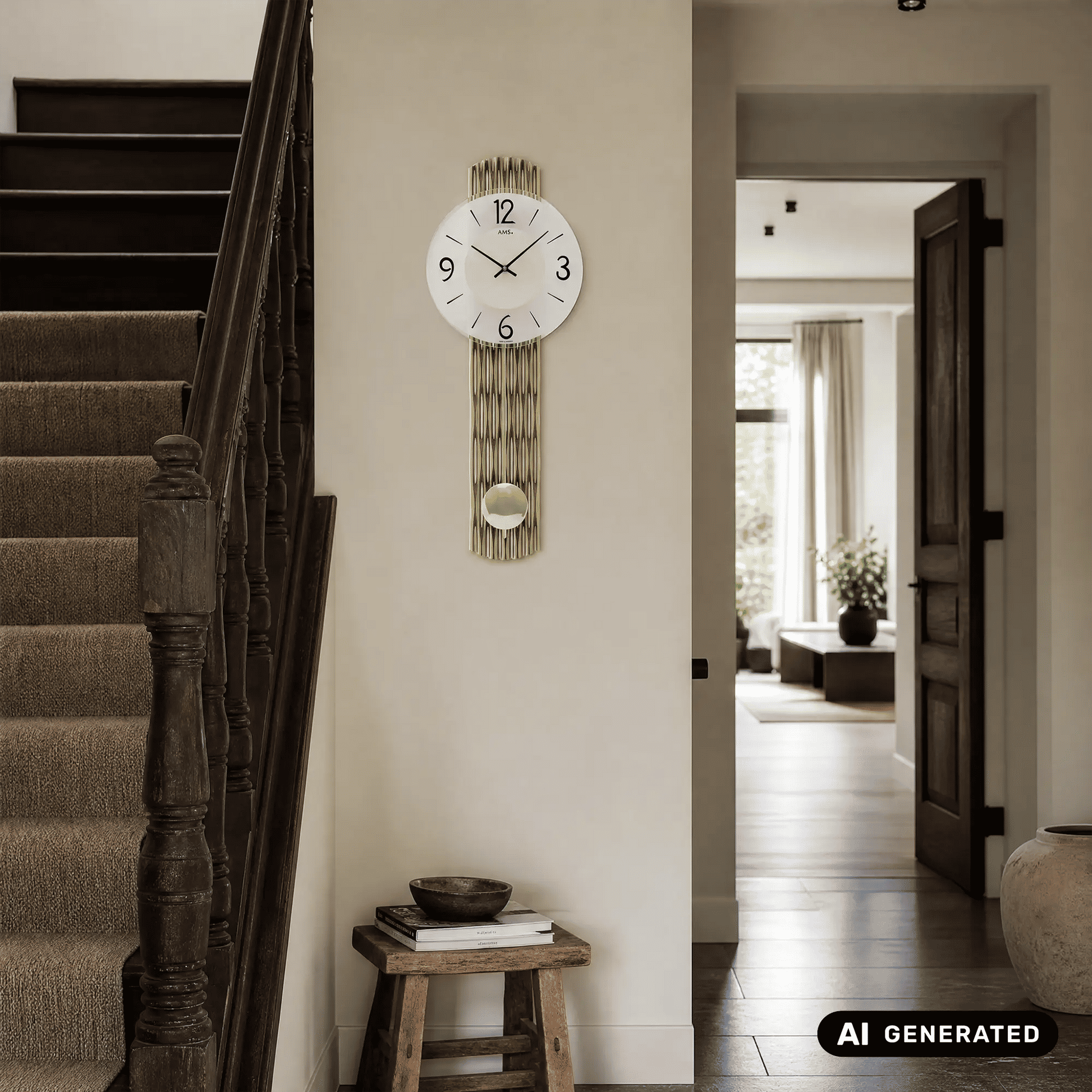Wanduhr an der Wand mit weißem Zifferblatt, schwarzen Zeigern und goldfarbenem Pendel