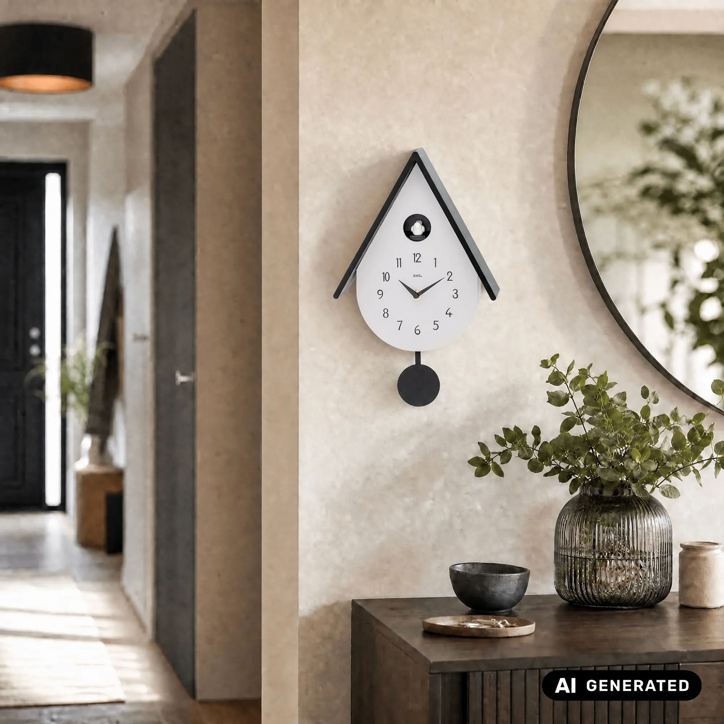 Wanduhr im Kuckucksdesign an heller Wand, weißes Ziffernblatt mit schwarzem Pendel