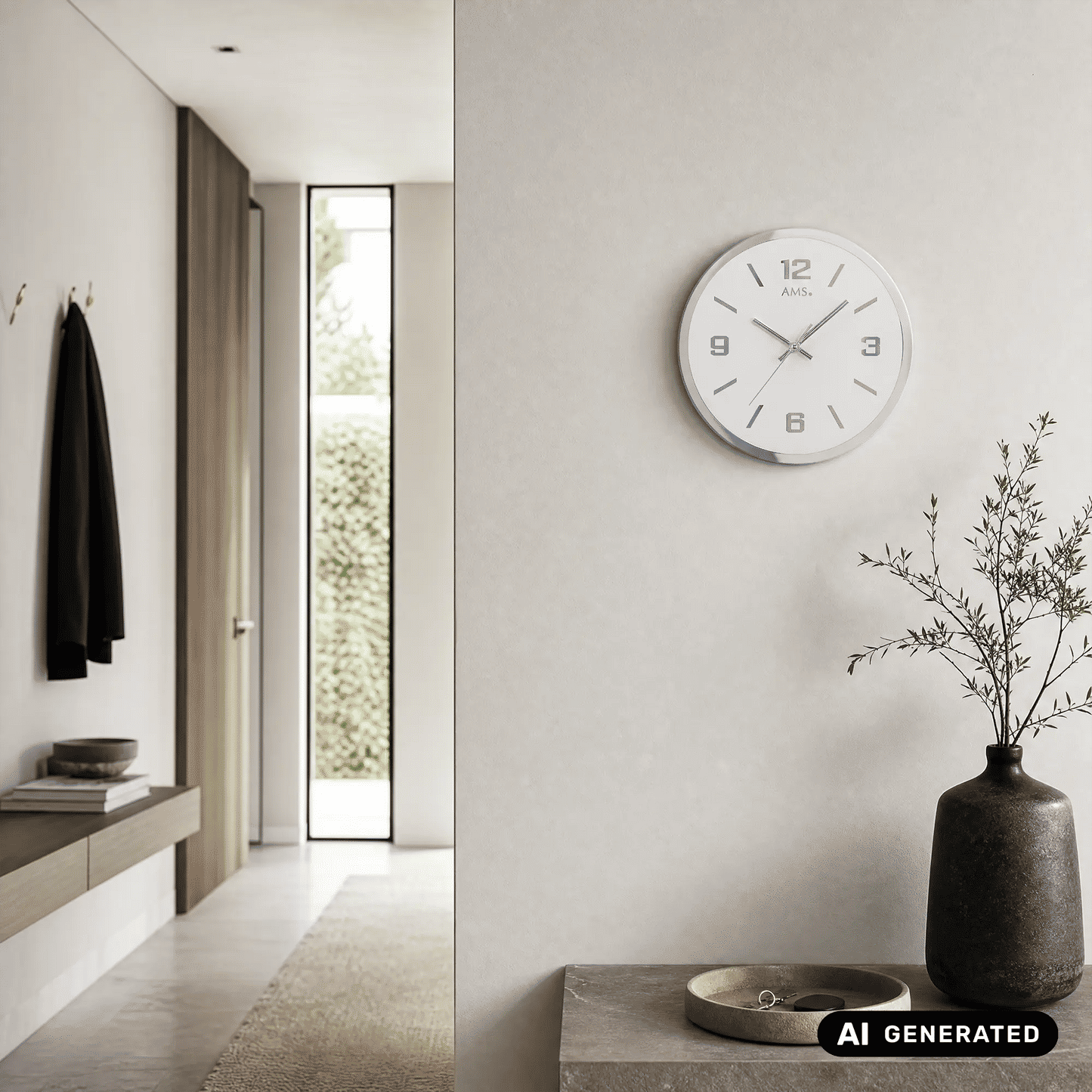 Wanduhr mit silbernem Rahmen und weißem Zifferblatt, Zeigerkreuz mit Zahlen 12