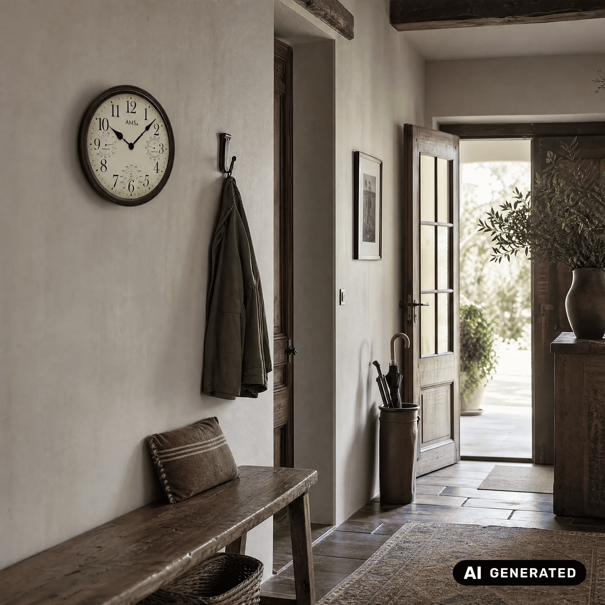 Wanduhr an der Wand mit braunem Metallrahmen, beigem Zifferblatt und schwarzen Zeigern