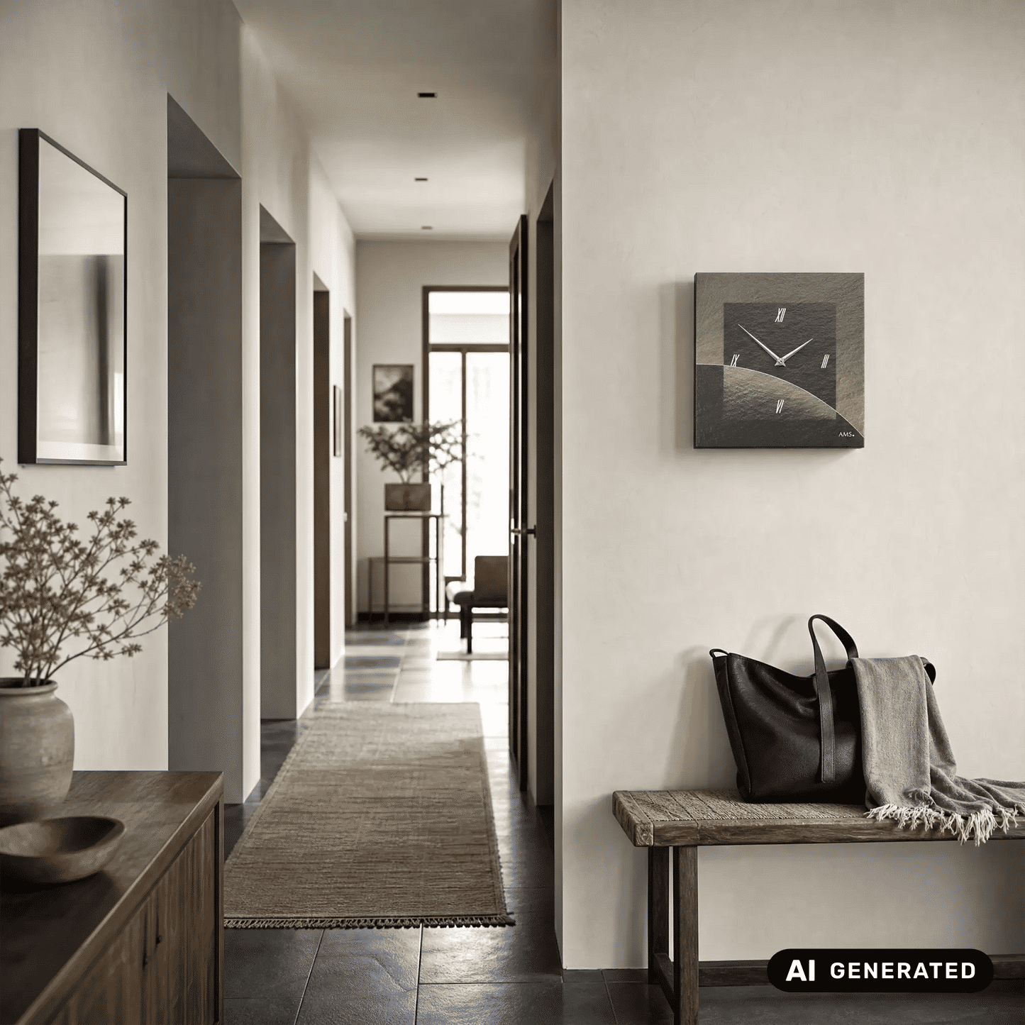 Wanduhr aus Naturschiefer mit dunklem Airbrush-Motiv, silbernen Zeigern und römischen Ziffern