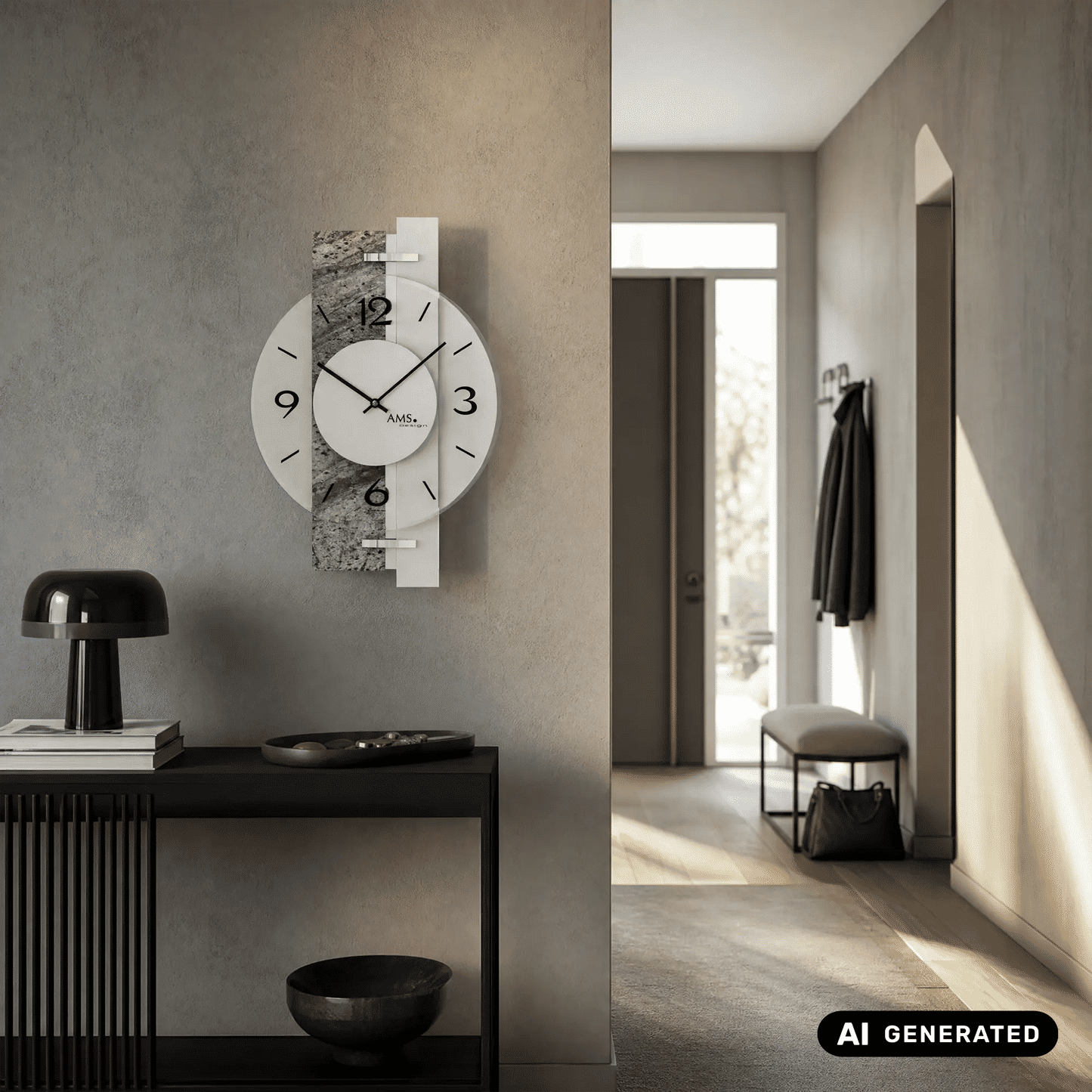 AMS W9558 Zegar ścienny kamień naturalny/aluminium • Mechanizm kwarcowy • Nadrukowane szkło mineralne
