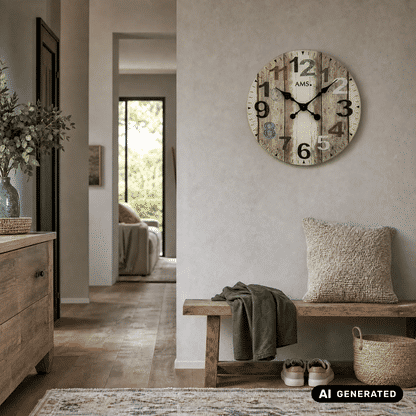AMS W9650 Wall Clock Printed Brownish • Quartz Movement • Mineral Glass
