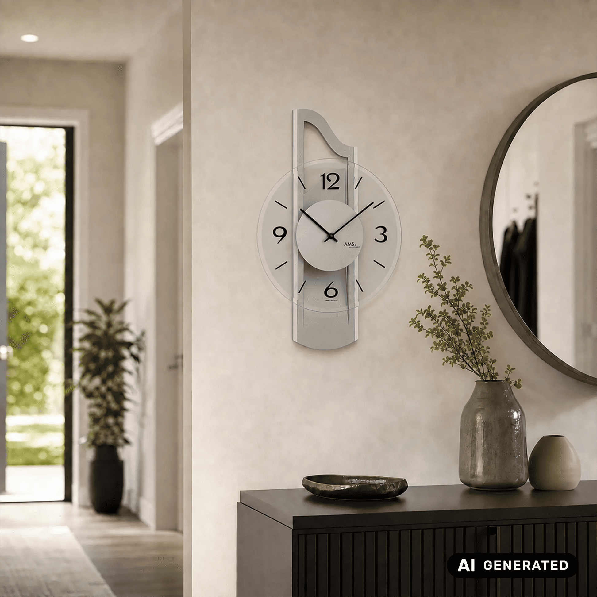 Wanduhr an der Wand: silbernes Gehäuse mit facettiertem Mineralglas und Ziffern