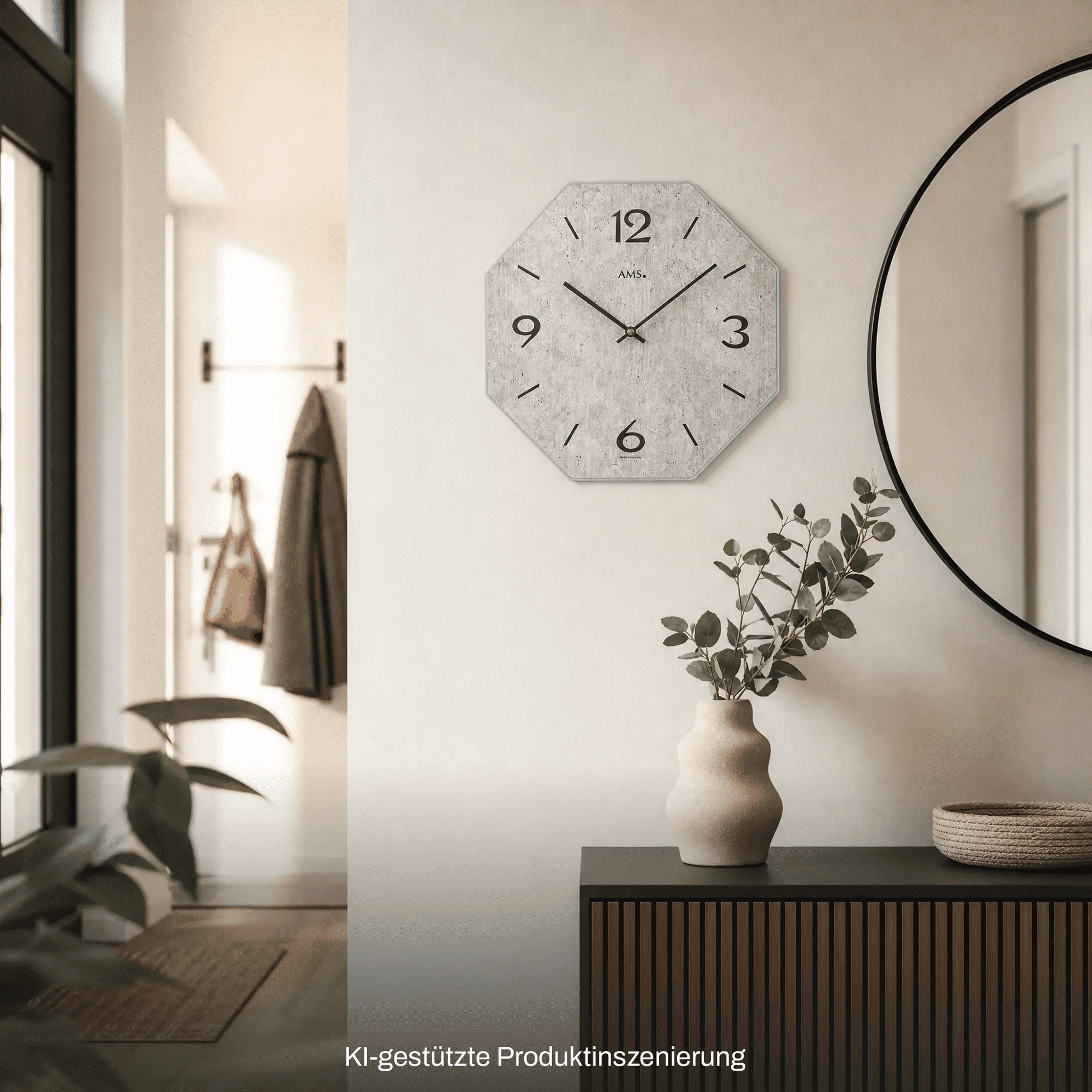 Quarz-Wanduhr mit Holzgehäuse, bedrucktem Zifferblatt und klaren Zahlen, schwarze Zeiger