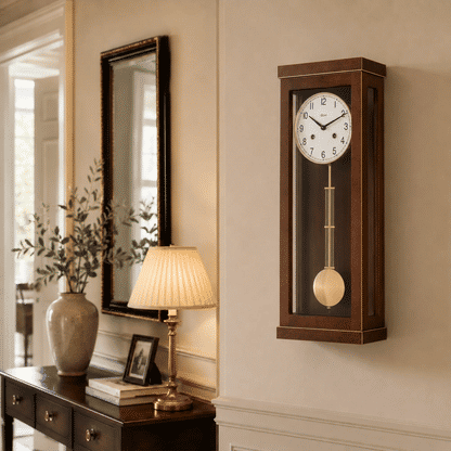Wanduhr aus Holz mit rundem Zifferblatt und Pendel im schmalen Wandgehäuse