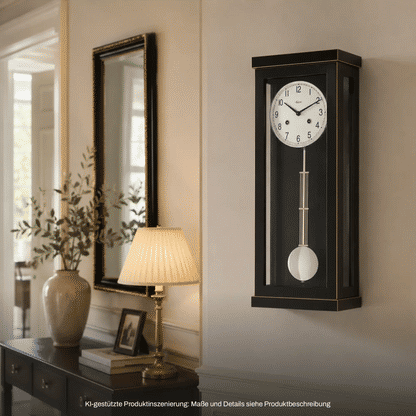 Wanduhr mit dunklem Holzrahmen, rundem Zifferblatt und sichtbarem Pendel mit Kugel