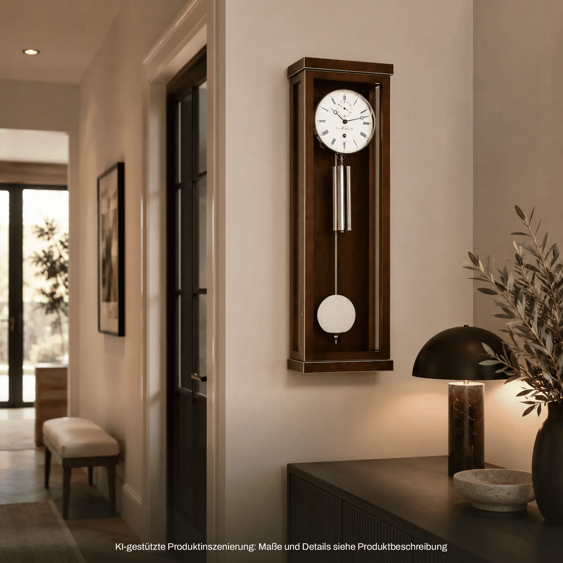 Wanduhr in dunkler Walnussoptik an der Wand, rundes Zifferblatt und Pendel