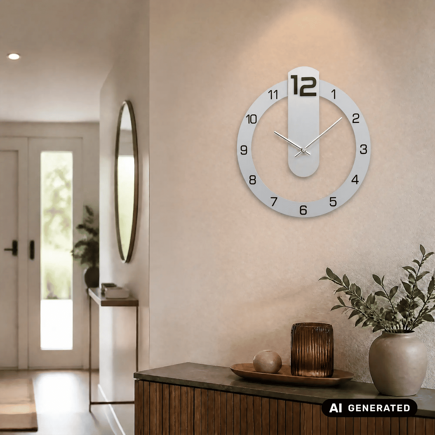 Wanduhr mit ovalem Einsatz im Zentrum, weißem Zifferblatt und Ziffern