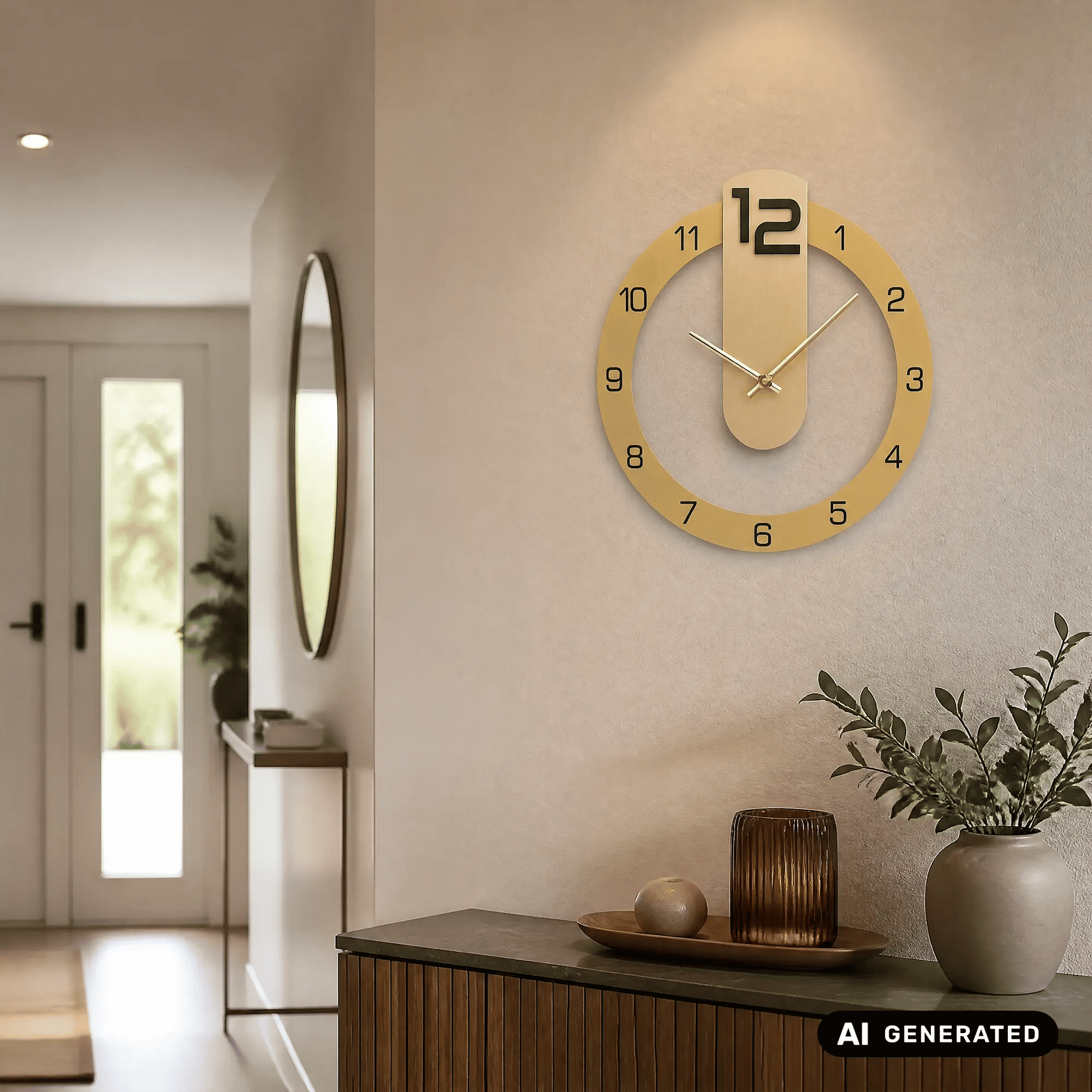 Runde Wanduhr an der Wand mit hellem Zifferblatt und goldenen Ziffern