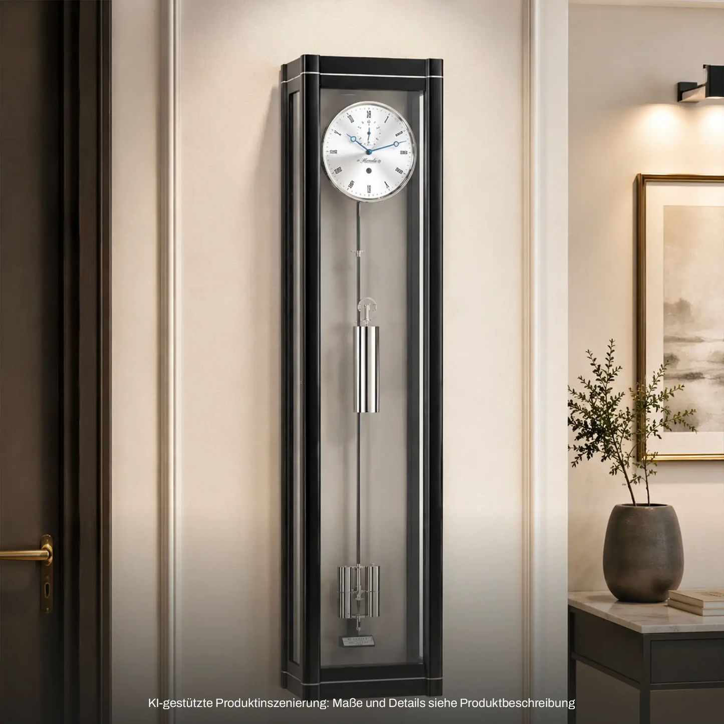 Wanduhr mit schwarzem Rahmen, großem Zifferblatt und sichtbaren Pendelstäben