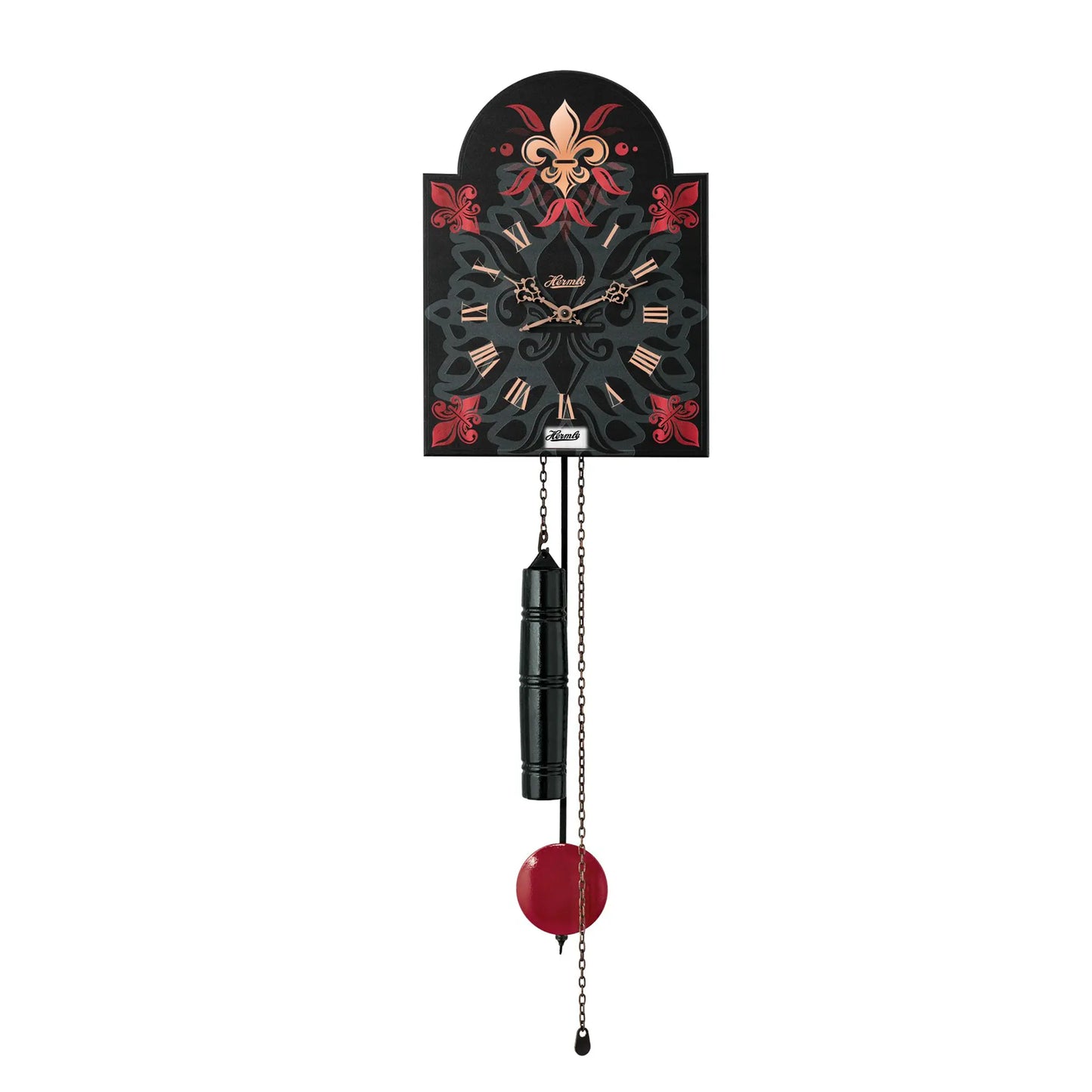 Wanduhr mit schwarzem Holzgehäuse, rotem Pendel und Metallkette
