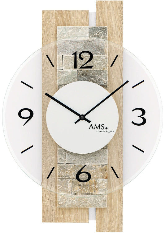 AMS Wall Clock 40x28x6 cm Wood • Silent Quartz Movement • Modern Design • With Natural Stone Overlays