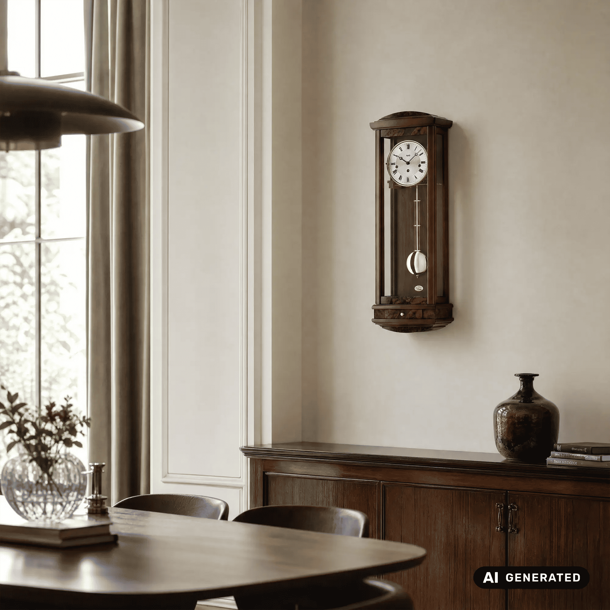 Wanduhr mit rundem Zifferblatt und goldfarbenem Pendelgewicht im Nussbaumgehäuse.