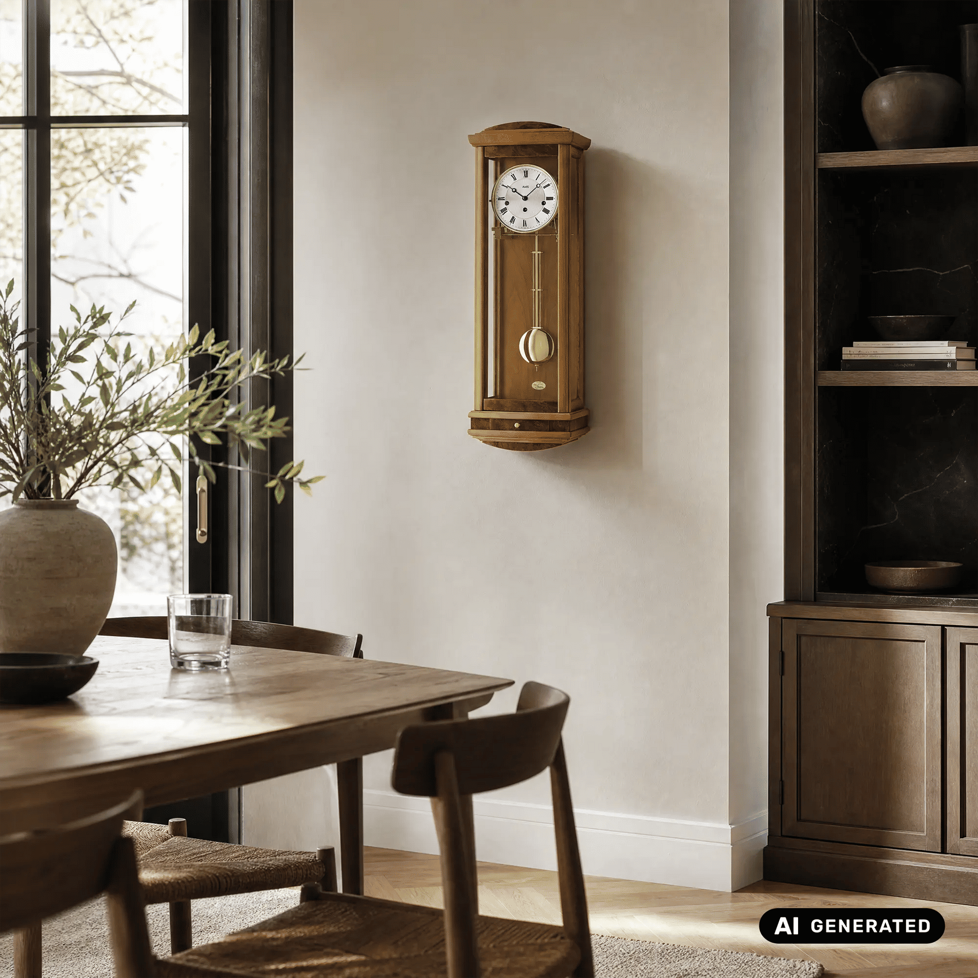 Regulator-Wanduhr aus Holz an der Wand, rundes Zifferblatt mit Pendel