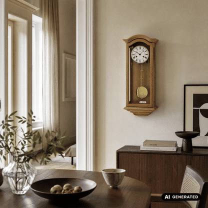Wanduhr an der Wand mit hellem Holzrahmen, rundem Pendel und analogem Ziffernblatt