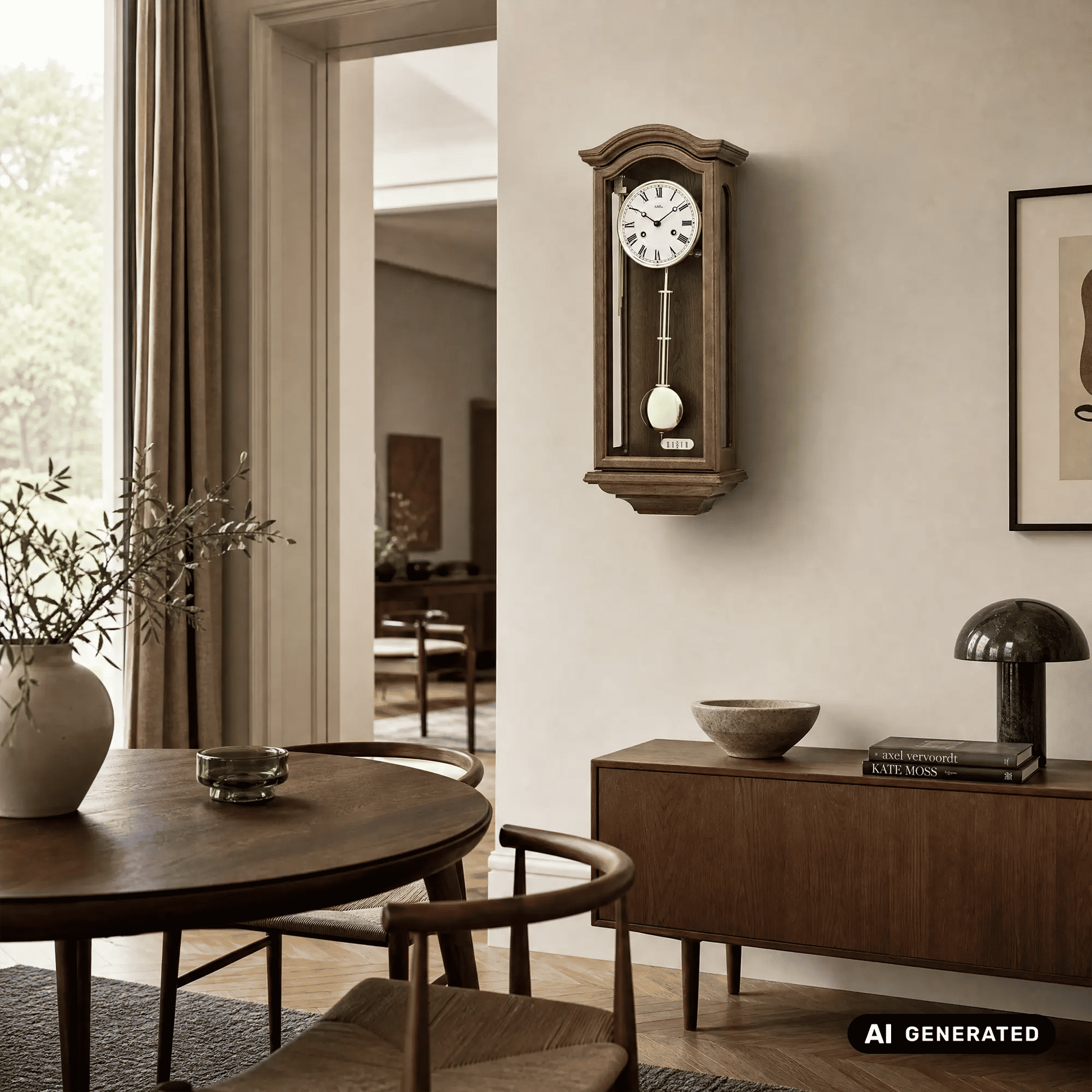 Wanduhr im eichenfarbenen Holzgehäuse an der Wand mit weißem Zifferblatt