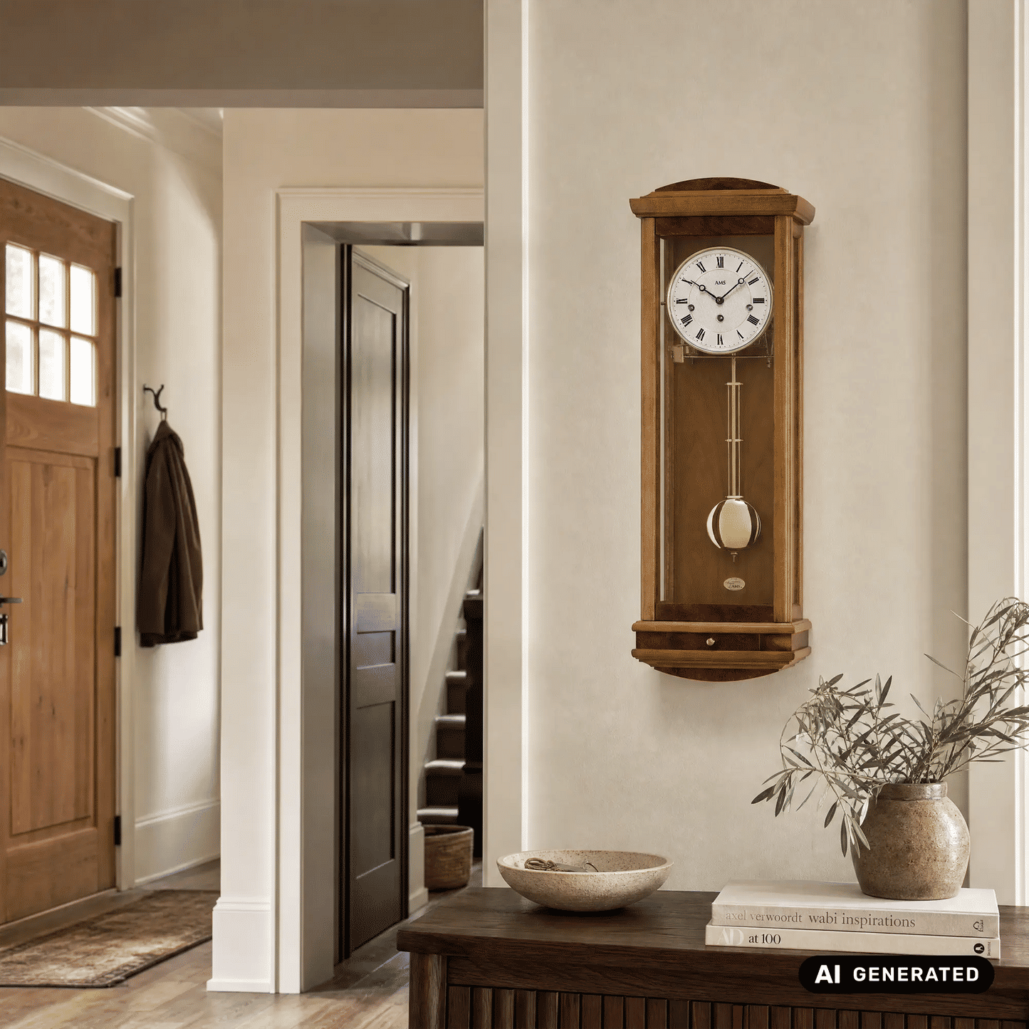 Holz-Regulator-Wanduhr mit rundem Zifferblatt und Pendel an der Wand