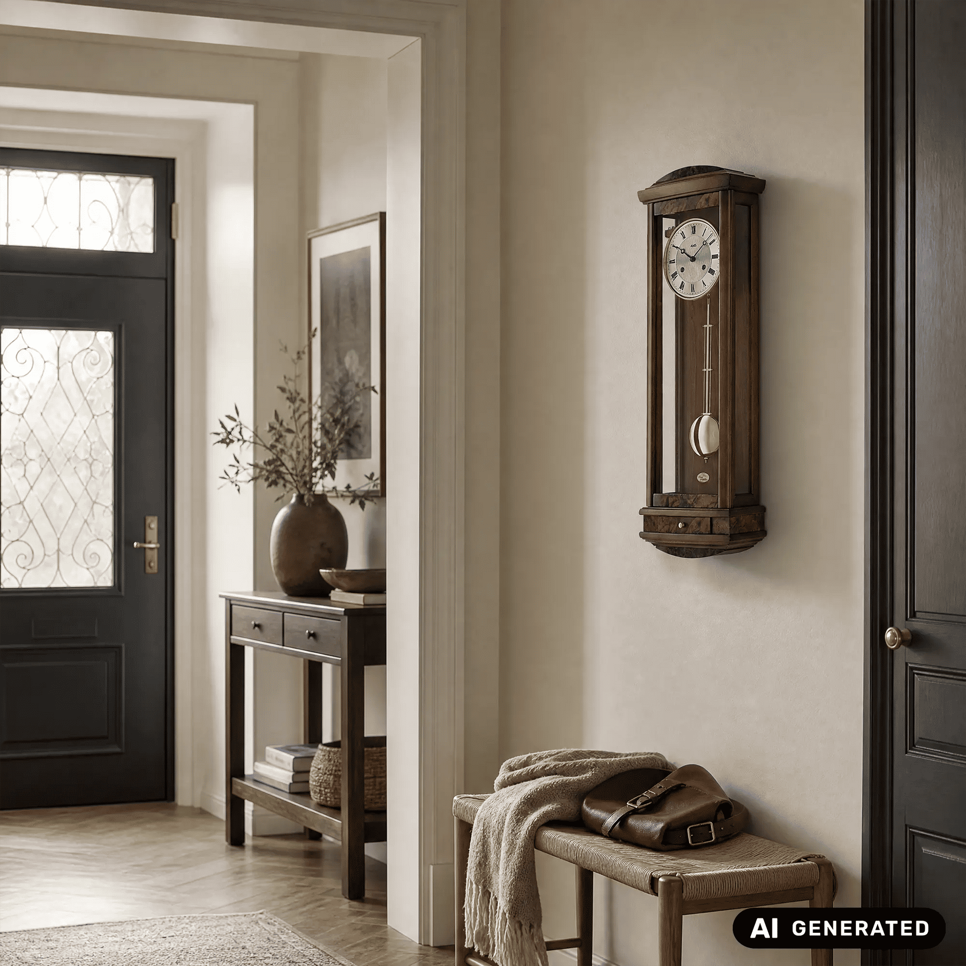 Wanduhr an der Wand mit Nussbaum-Holzgehäuse, rundem Ziffernblatt und goldfarbenem Pendel