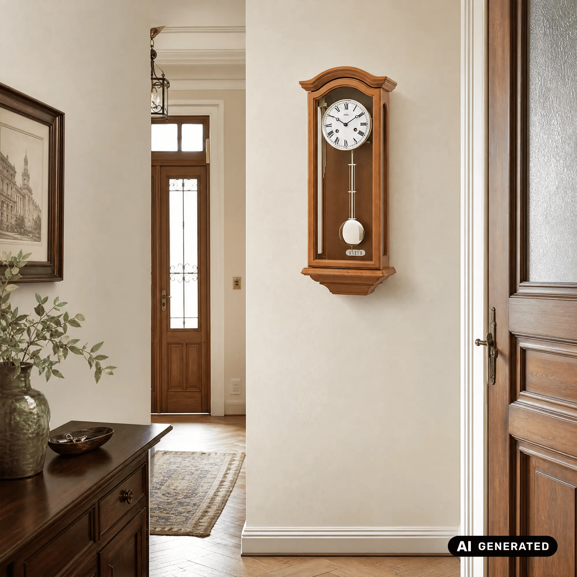 Wanduhr an der Wand mit braunem Holzgehäuse, Pendel und römischen Ziffern
