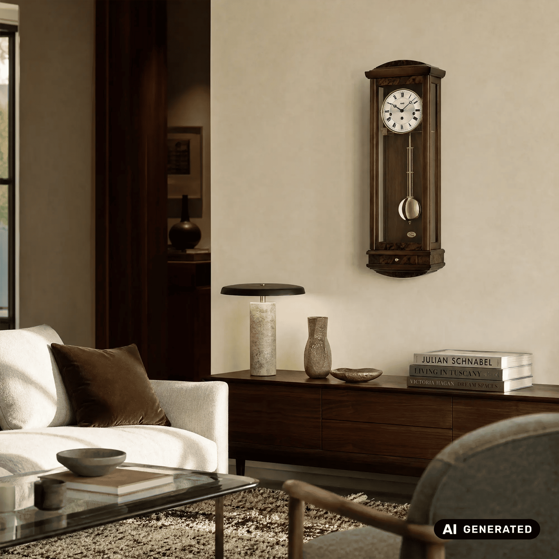 Nussbaum-Wanduhr mit rundem Zifferblatt und Pendel; goldene Gewichte im Holzgehäuse.