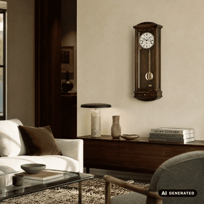 Nussbaum-Wanduhr mit rundem Zifferblatt und Pendel; goldene Gewichte im Holzgehäuse.