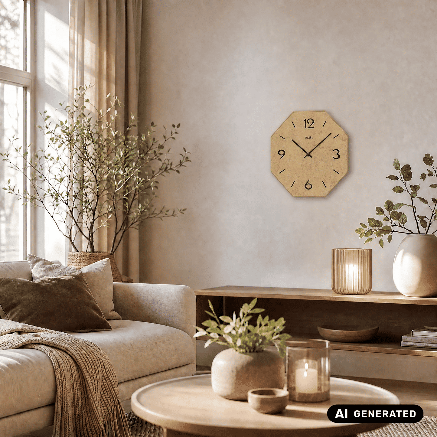Achteckige Holz-Wanduhr mit bedrucktem Zifferblatt und schwarzen Zeigern