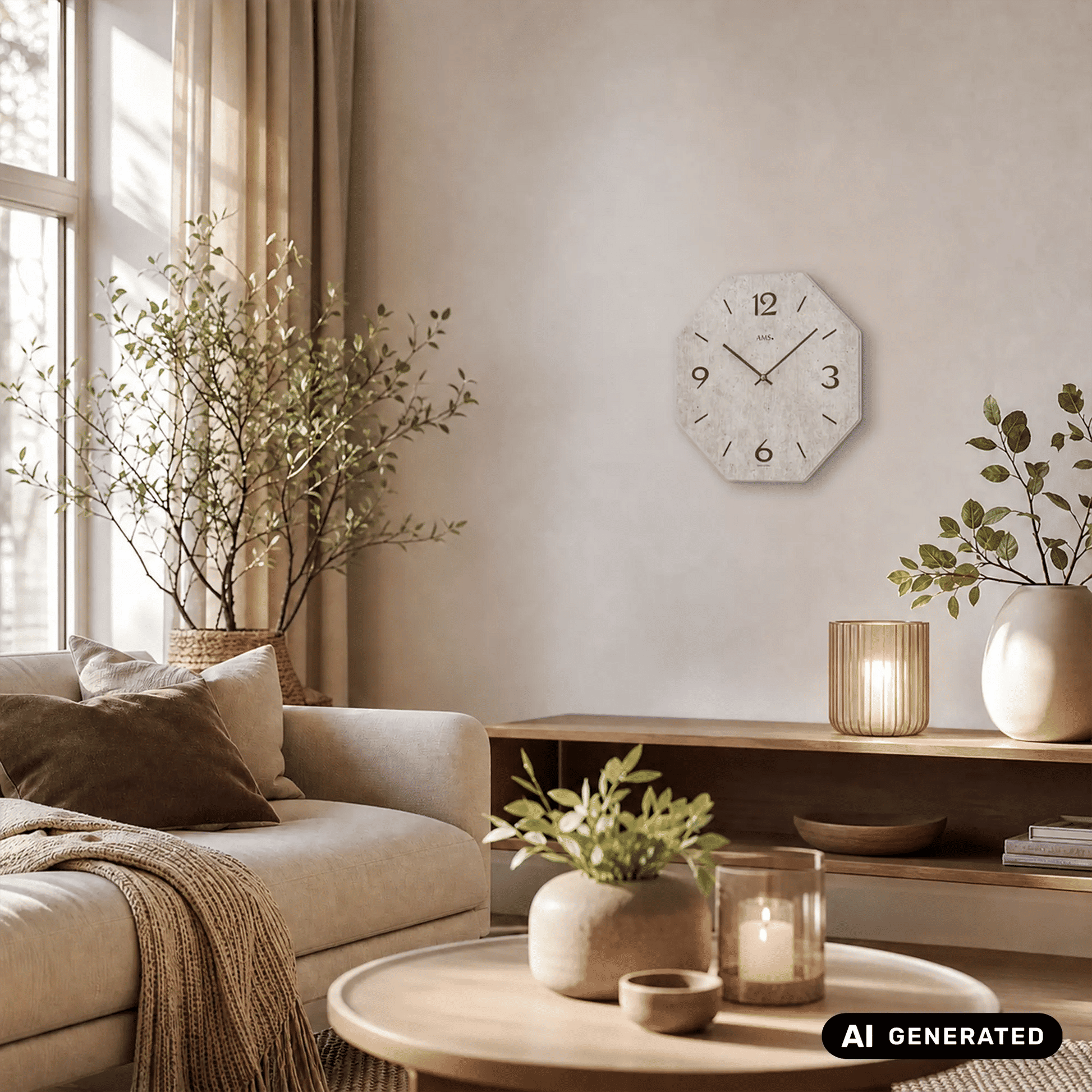 Achteckige Wanduhr mit Holzgehäuse und bedrucktem grauem Zifferblatt