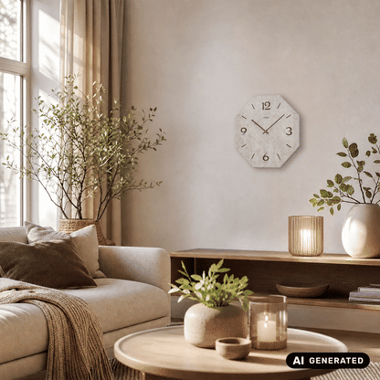 Achteckige Wanduhr mit Holzgehäuse und bedrucktem grauem Zifferblatt